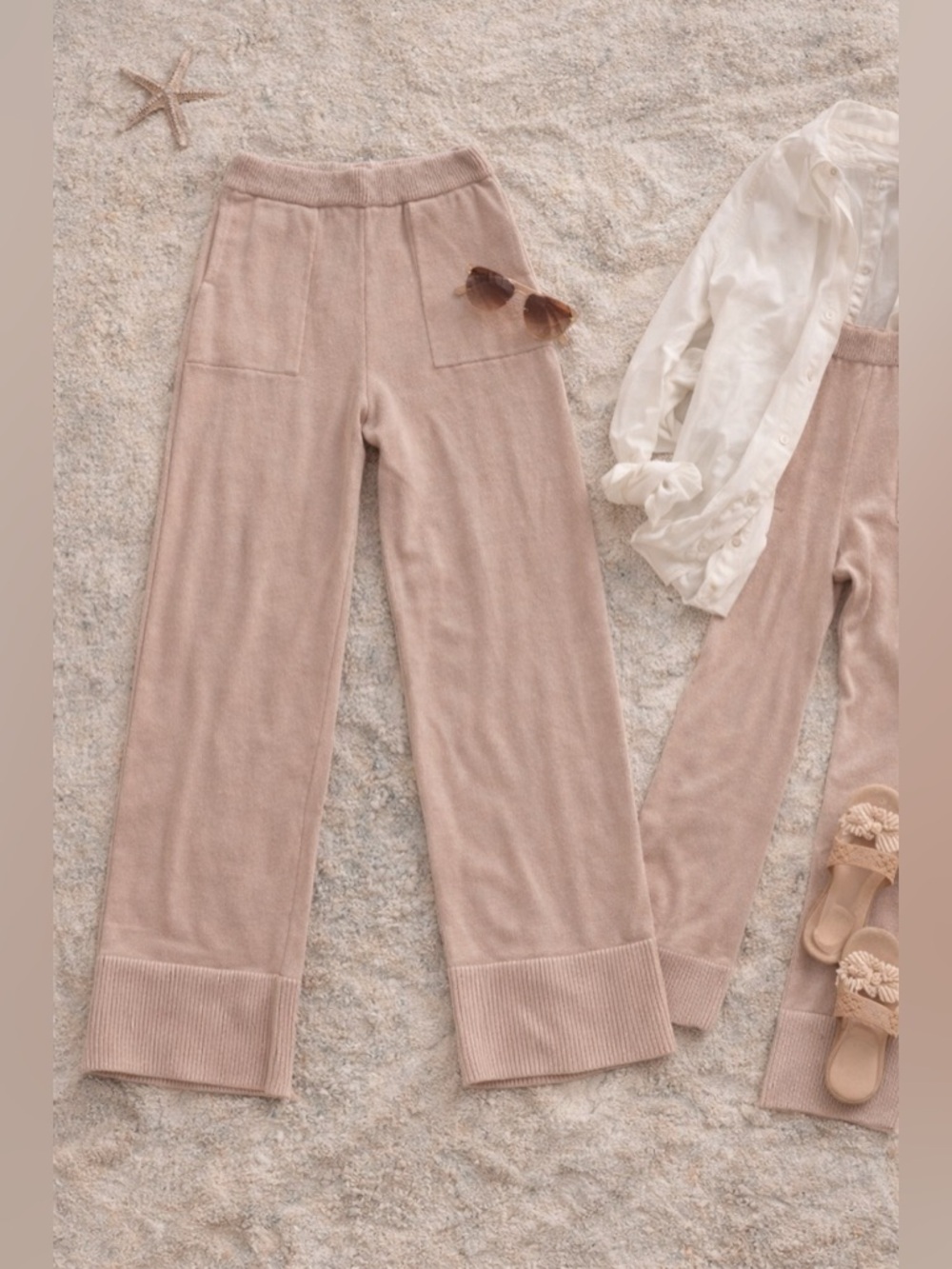 Free People FP Beach Knit Lounge Pants XS Blush Wide Leg Coastal Chic